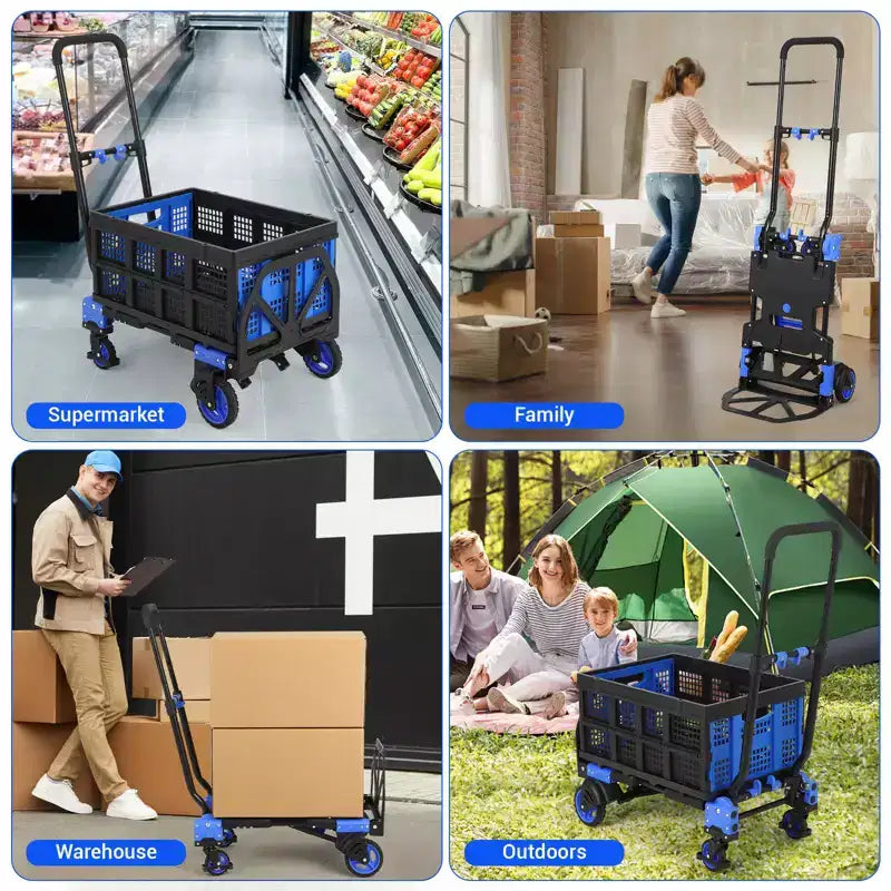 Carretilla de mano plegable 2 en 1 COZONY, 150 kg de capacidad con cesta, mango retráctil y 4 ruedas