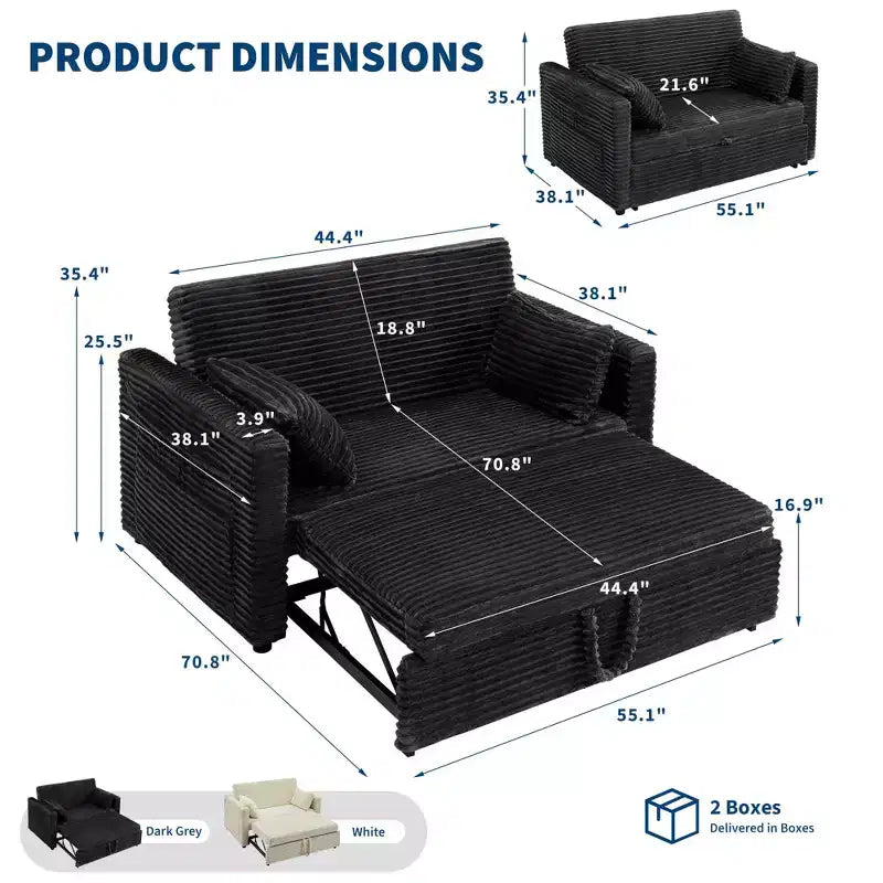 Sofá biplaza convertible de pana de 48" con respaldo ajustable, bolsillos laterales y carga USB