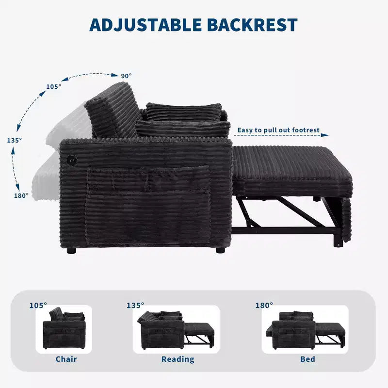 Sofá biplaza convertible de pana de 48" con respaldo ajustable, bolsillos laterales y carga USB