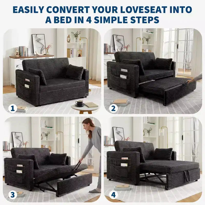 Sofá biplaza convertible de pana de 48" con respaldo ajustable, bolsillos laterales y carga USB