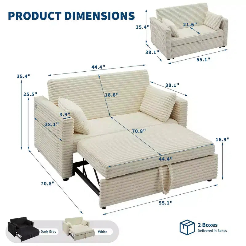 Sofá biplaza convertible de pana de 48" con respaldo ajustable, bolsillos laterales y carga USB