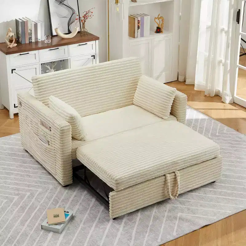Sofá biplaza convertible de pana de 48" con respaldo ajustable, bolsillos laterales y carga USB