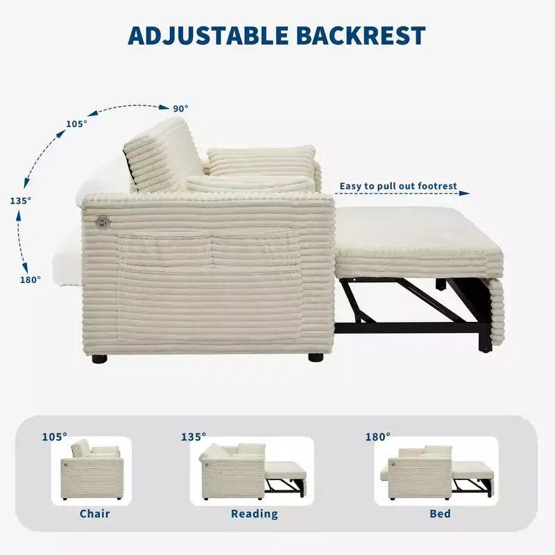 Sofá biplaza convertible de pana de 48" con respaldo ajustable, bolsillos laterales y carga USB