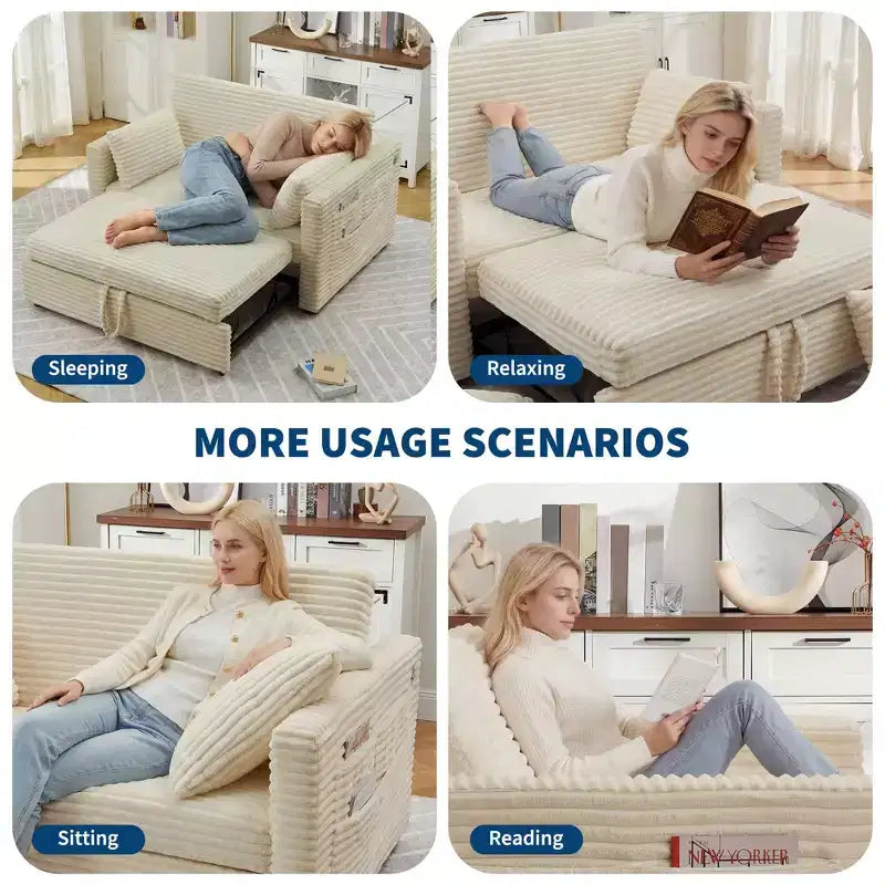 Sofá biplaza convertible de pana de 48" con respaldo ajustable, bolsillos laterales y carga USB