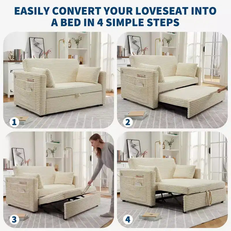Sofá biplaza convertible de pana de 48" con respaldo ajustable, bolsillos laterales y carga USB