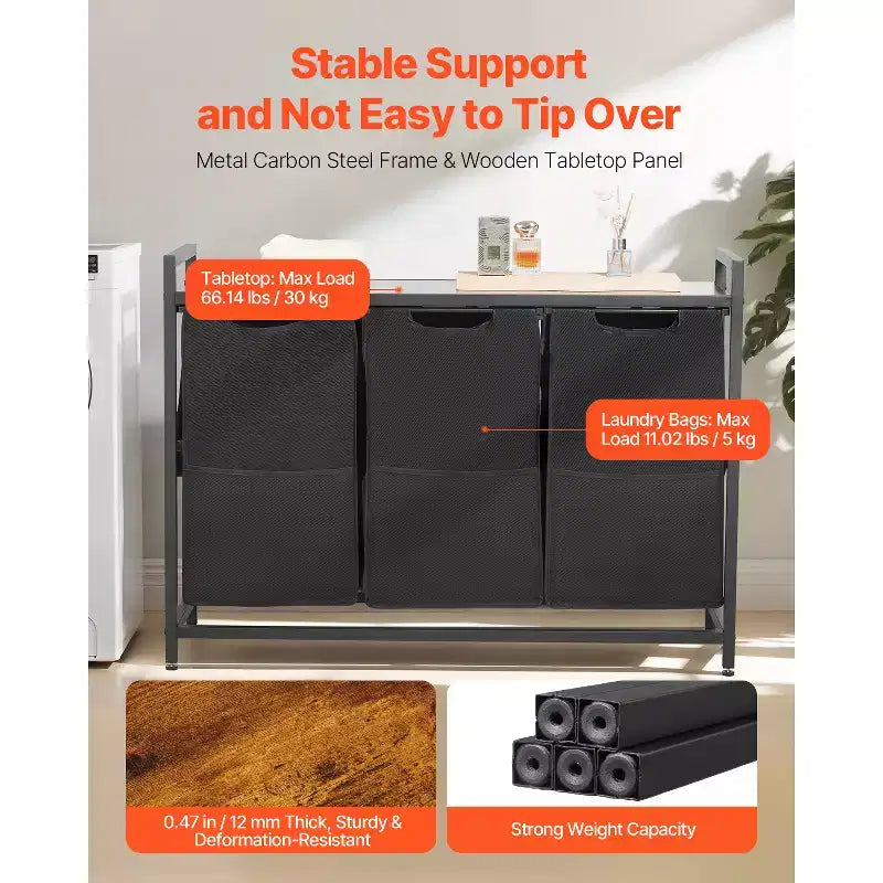 VEVOR Cesto de Ropa Sucia de 3 Secciones, Cesto Grande de Ropa Sucia con Estructura Metálica y Tablero de Madera, Cestas Organizadoras Independientes, Negro