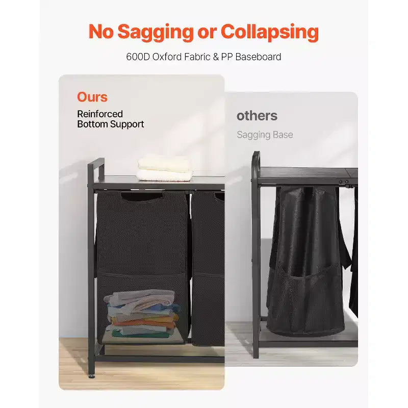 VEVOR Cesto de Ropa Sucia de 3 Secciones, Cesto Grande de Ropa Sucia con Estructura Metálica y Tablero de Madera, Cestas Organizadoras Independientes, Negro