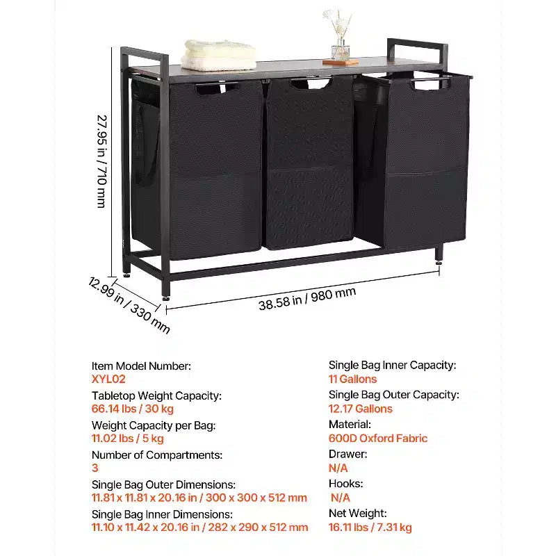 VEVOR Cesto de Ropa Sucia de 3 Secciones, Cesto Grande de Ropa Sucia con Estructura Metálica y Tablero de Madera, Cestas Organizadoras Independientes, Negro