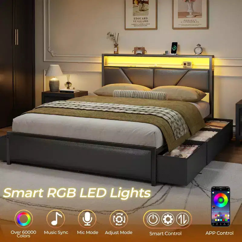 Qwatto Marco de Cama Tamaño Completo con Almacenamiento, 6 Cajones, Estación de Carga, Luces LED, Cabecero Tapizado en Piel Sintética, Plataforma Metálica, No Requiere Somier