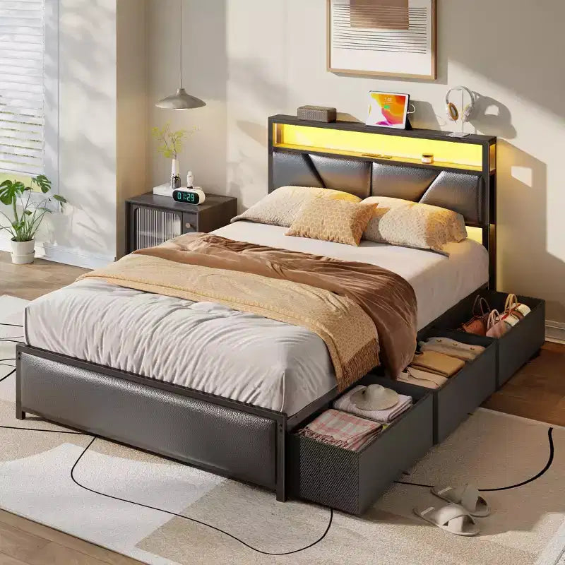 Qwatto Marco de Cama Tamaño Completo con Almacenamiento, 6 Cajones, Estación de Carga, Luces LED, Cabecero Tapizado en Piel Sintética, Plataforma Metálica, No Requiere Somier