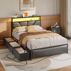 Qwatto Marco de Cama Tamaño Completo con Almacenamiento, 6 Cajones, Estación de Carga, Luces LED, Cabecero Tapizado en Piel Sintética, Plataforma Metálica, No Requiere Somier