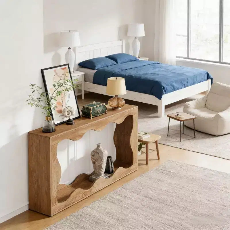 Mesa consola moderna de 63" con diseño ondulado de 2 niveles y estrecha para entrada detrás del sofá