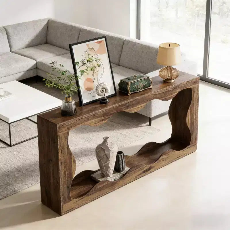 Mesa consola moderna de 63" con diseño ondulado de 2 niveles y estrecha para entrada detrás del sofá