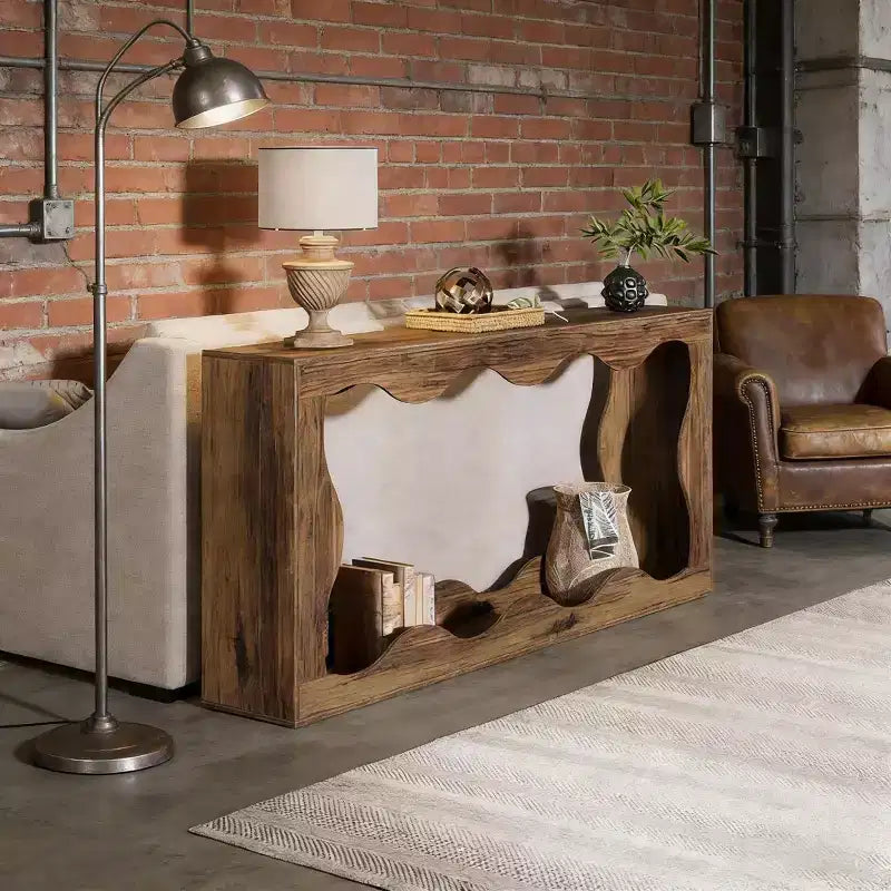 Mesa consola moderna de 63" con diseño ondulado de 2 niveles y estrecha para entrada detrás del sofá
