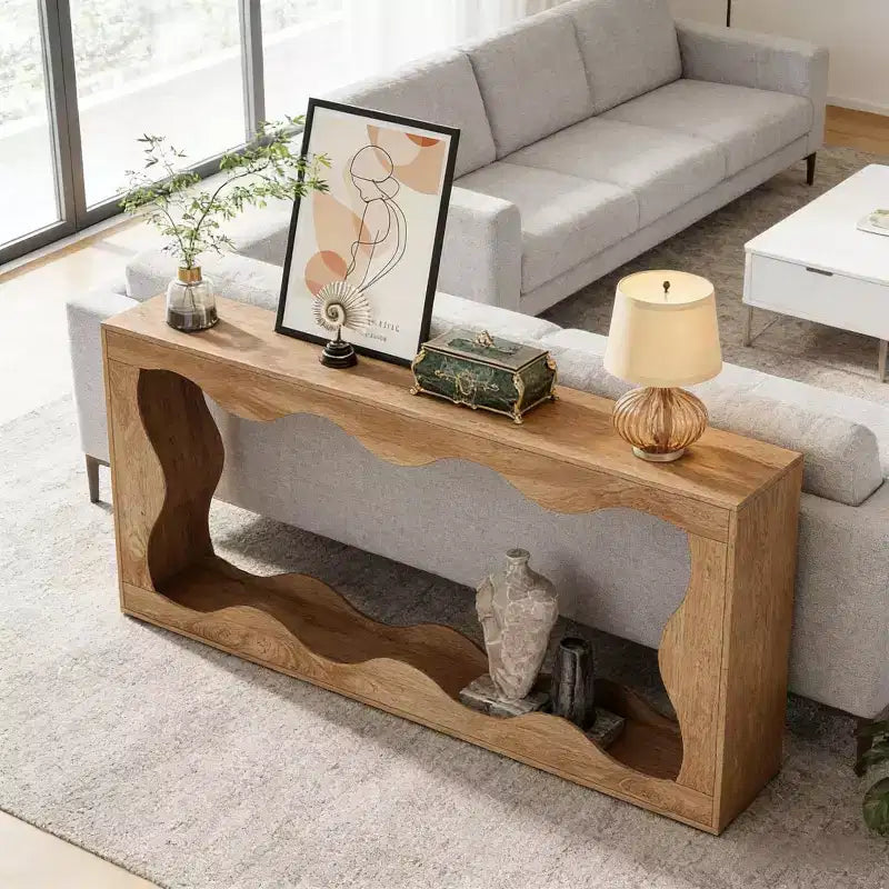 Mesa consola moderna de 63" con diseño ondulado de 2 niveles y estrecha para entrada detrás del sofá