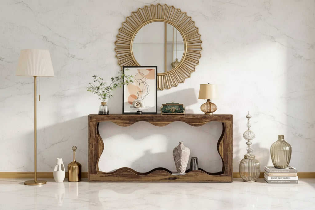 63 Modern Console Table with Wave Design, Narrow Entryway Table, 2-Tier Sofa Table for Living Room or Hallway-Panipeachy