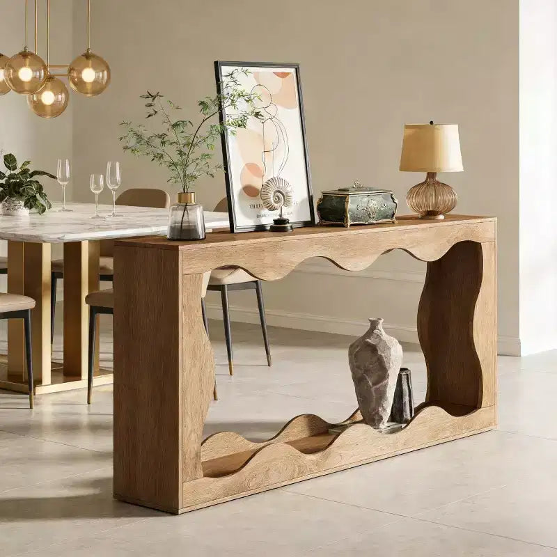 Mesa consola moderna de 63" con diseño ondulado de 2 niveles y estrecha para entrada detrás del sofá