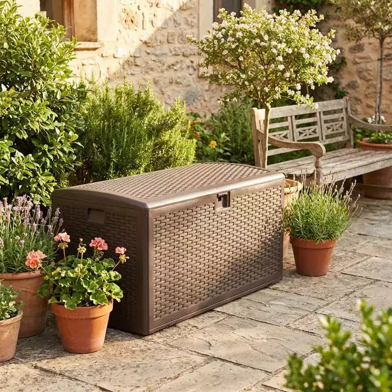 Caja de cubierta de resina grande, impermeable, de 73 galones, con cerradura, para almacenamiento exterior