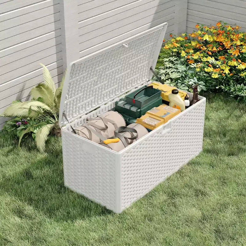 Caja de cubierta de resina grande, impermeable, de 73 galones, con cerradura, para almacenamiento exterior