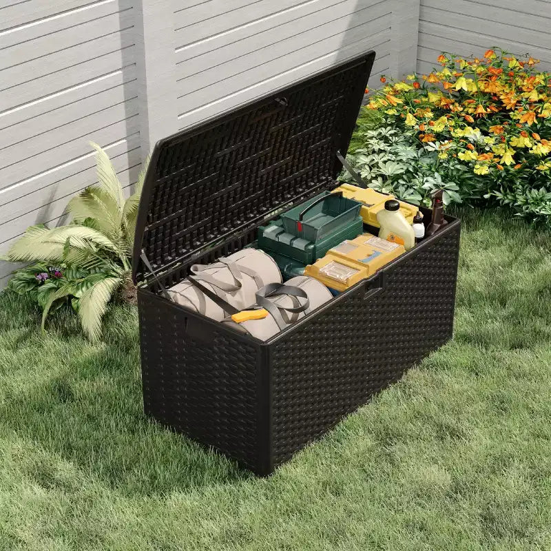 Caja de cubierta de resina grande, impermeable, de 73 galones, con cerradura, para almacenamiento exterior