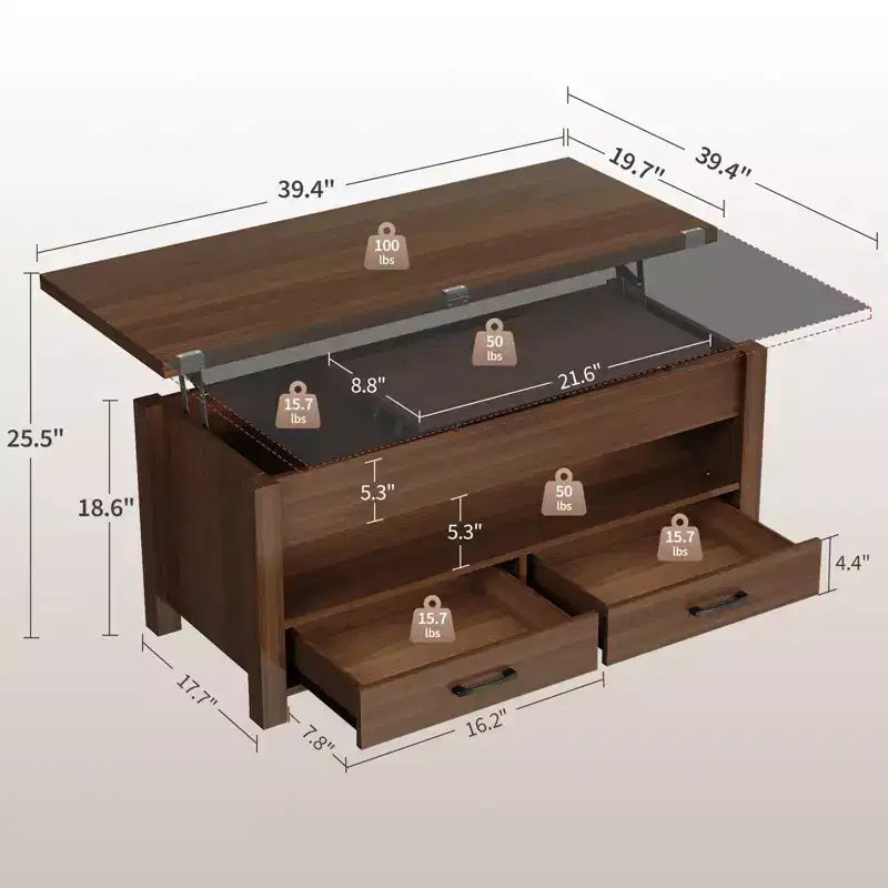 Coolmee - Mesa de centro elevable de 40 pulgadas, mesa de centro convertible multifuncional con cajones y compartimento oculto, se convierte en mesa de comedor