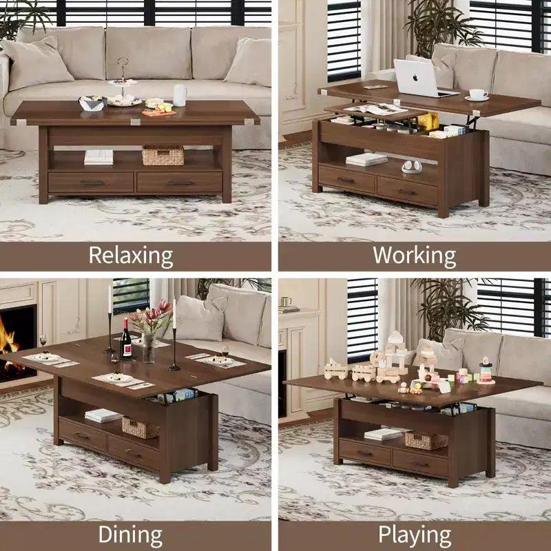Coolmee - Mesa de centro elevable de 40 pulgadas, mesa de centro convertible multifuncional con cajones y compartimento oculto, se convierte en mesa de comedor