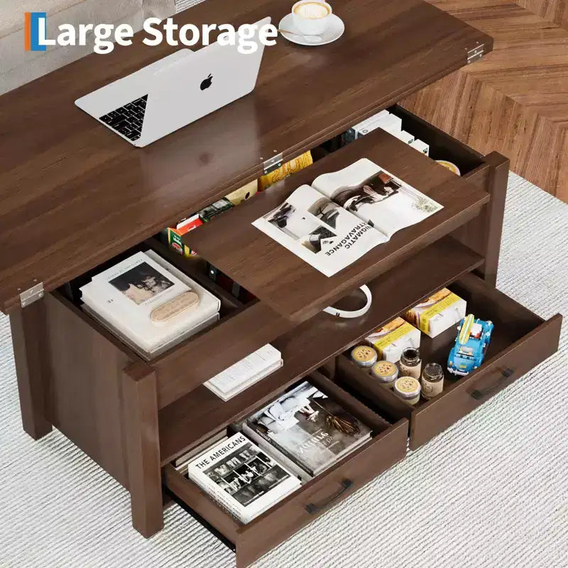 Coolmee - Mesa de centro elevable de 40 pulgadas, mesa de centro convertible multifuncional con cajones y compartimento oculto, se convierte en mesa de comedor