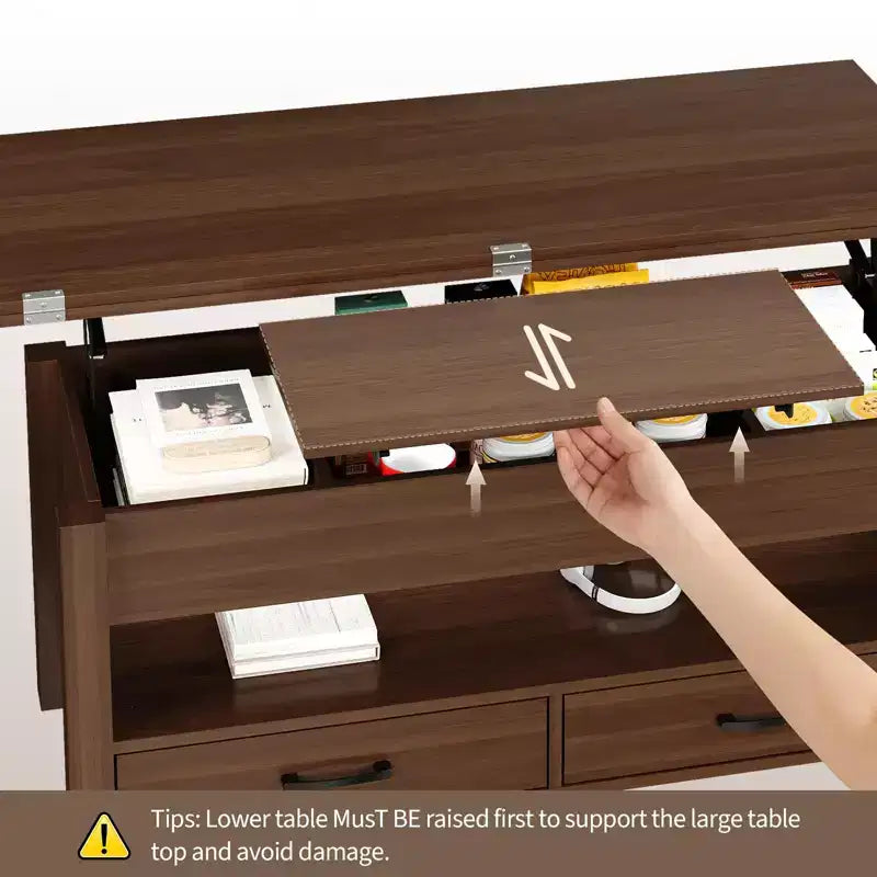Coolmee - Mesa de centro elevable de 40 pulgadas, mesa de centro convertible multifuncional con cajones y compartimento oculto, se convierte en mesa de comedor