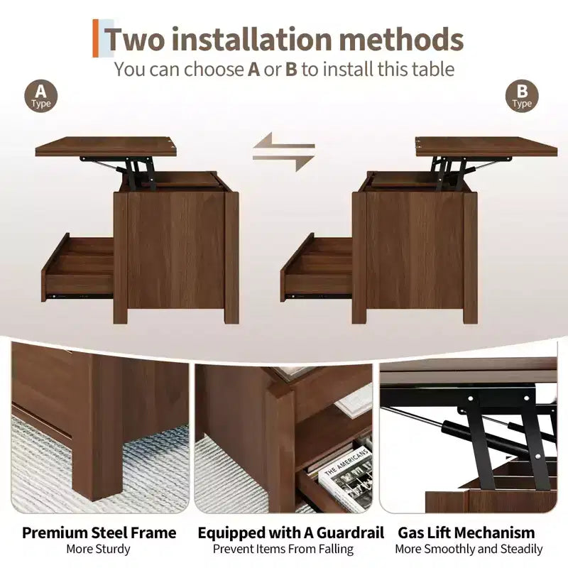 Coolmee - Mesa de centro elevable de 40 pulgadas, mesa de centro convertible multifuncional con cajones y compartimento oculto, se convierte en mesa de comedor