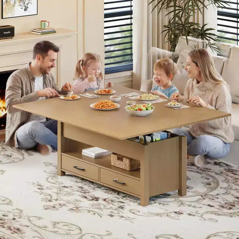 Coolmee - Mesa de centro elevable de 40 pulgadas, mesa de centro convertible multifuncional con cajones y compartimento oculto, se convierte en mesa de comedor