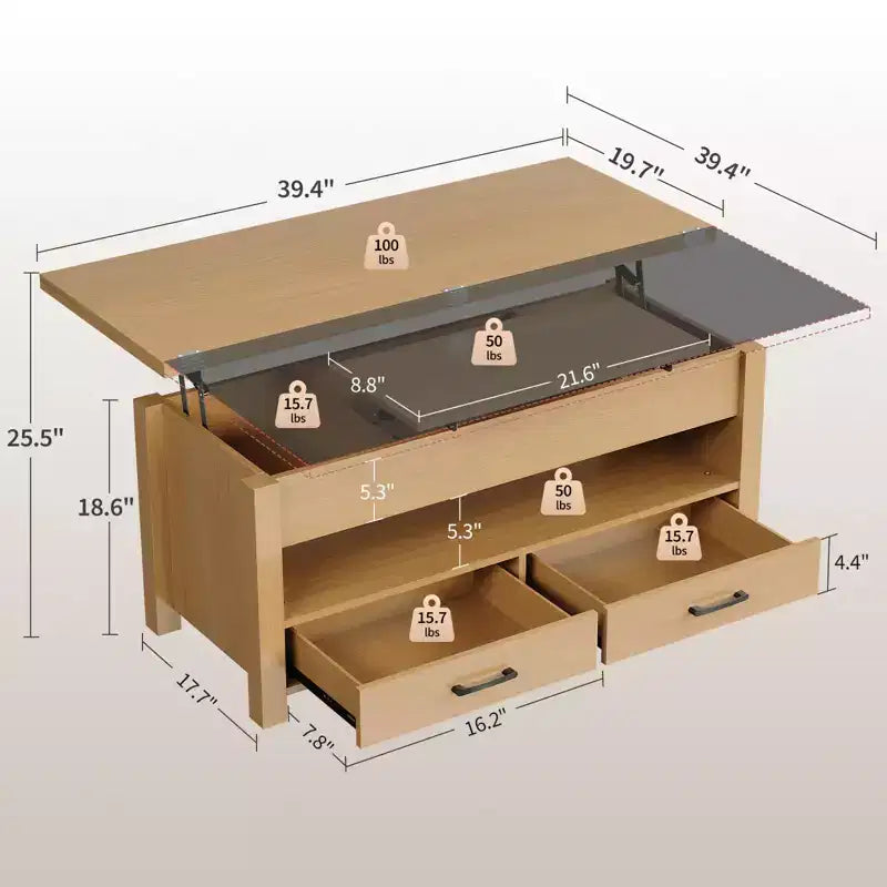 Coolmee - Mesa de centro elevable de 40 pulgadas, mesa de centro convertible multifuncional con cajones y compartimento oculto, se convierte en mesa de comedor