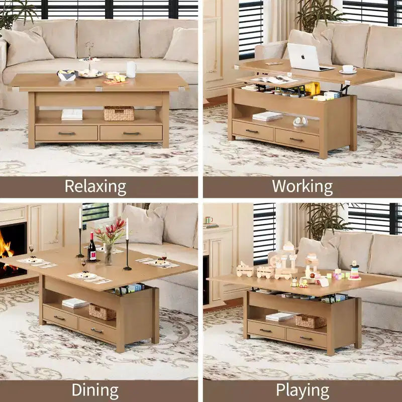 Coolmee - Mesa de centro elevable de 40 pulgadas, mesa de centro convertible multifuncional con cajones y compartimento oculto, se convierte en mesa de comedor