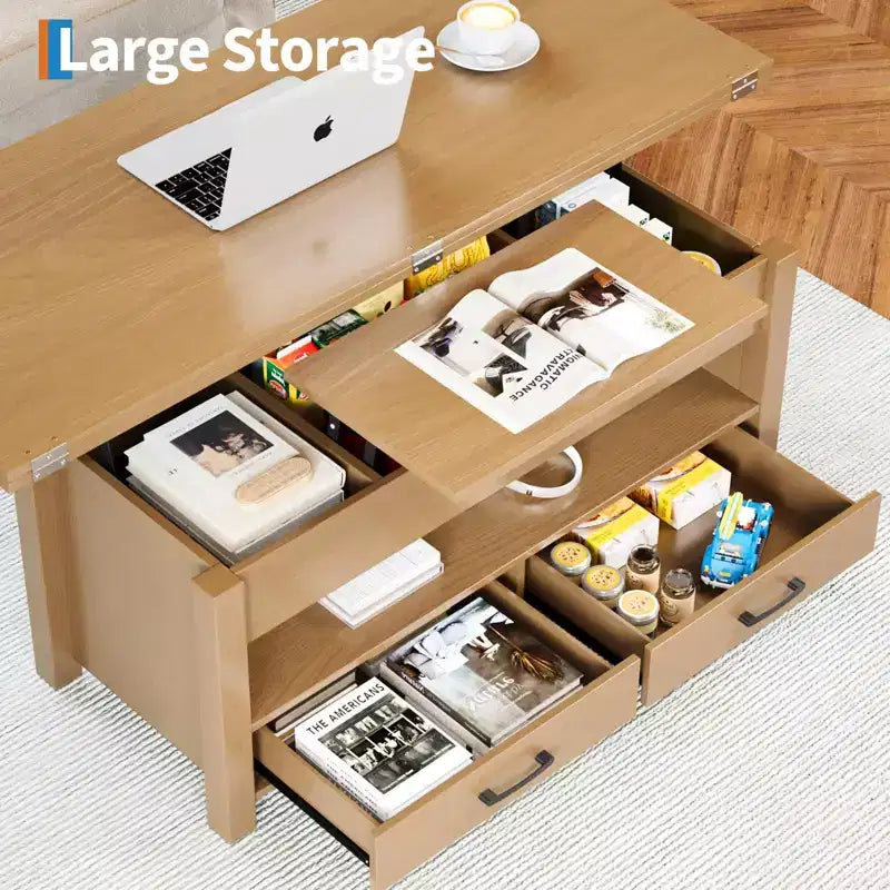 Coolmee - Mesa de centro elevable de 40 pulgadas, mesa de centro convertible multifuncional con cajones y compartimento oculto, se convierte en mesa de comedor