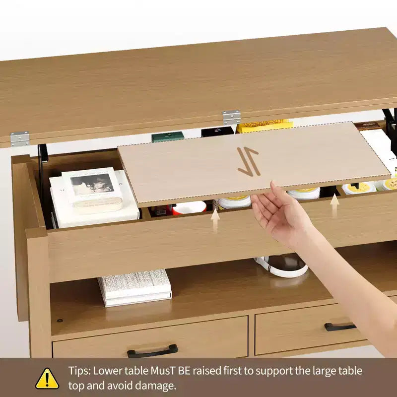 Coolmee - Mesa de centro elevable de 40 pulgadas, mesa de centro convertible multifuncional con cajones y compartimento oculto, se convierte en mesa de comedor