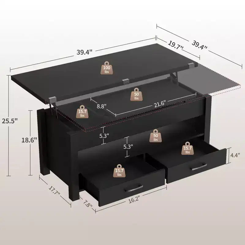 Coolmee - Mesa de centro elevable de 40 pulgadas, mesa de centro convertible multifuncional con cajones y compartimento oculto, se convierte en mesa de comedor