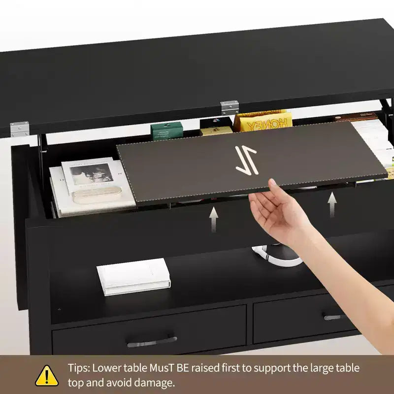 Coolmee - Mesa de centro elevable de 40 pulgadas, mesa de centro convertible multifuncional con cajones y compartimento oculto, se convierte en mesa de comedor