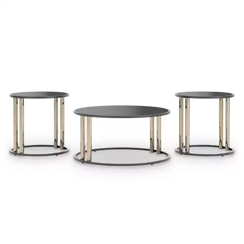 Signature Design by Ashley Hannerly - Juego de mesas auxiliares, mesa de centro y 2 mesas laterales, vidrio negro con metal tono dorado