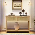 Bohemian style rattan double-drawer side table with double-layer wooden storage shelf  entryway/foyer decorative furniture, natural wood color.