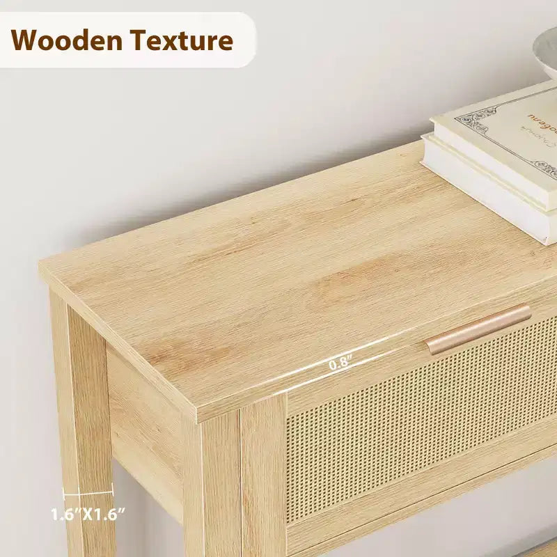 Mesita de Noche Bohemia de Ratán con Doble Cajón y Estante de Almacenamiento de Madera de 2 Niveles Natural