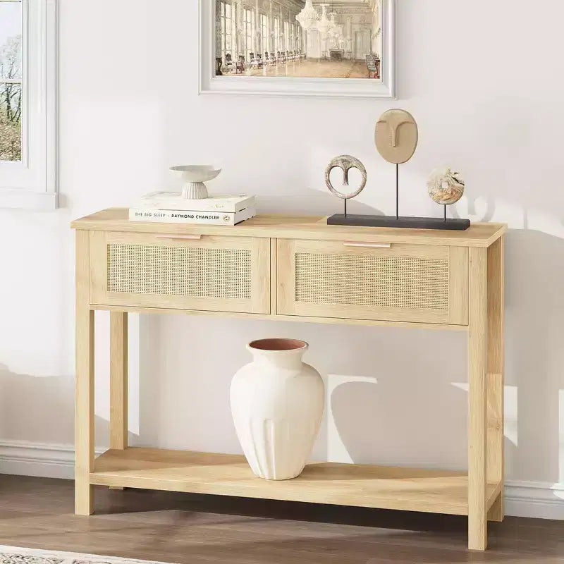 Mesita de Noche Bohemia de Ratán con Doble Cajón y Estante de Almacenamiento de Madera de 2 Niveles Natural