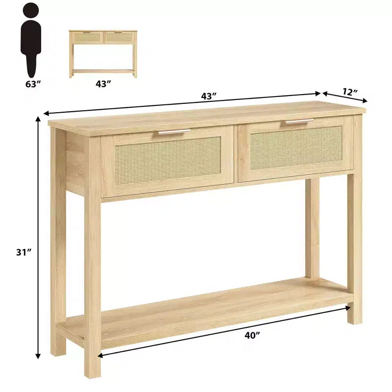 Mesita de Noche Bohemia de Ratán con Doble Cajón y Estante de Almacenamiento de Madera de 2 Niveles Natural