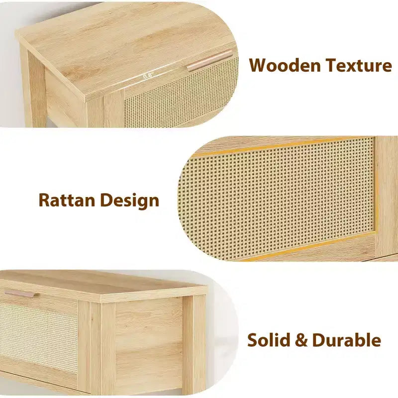 Mesita de Noche Bohemia de Ratán con Doble Cajón y Estante de Almacenamiento de Madera de 2 Niveles Natural