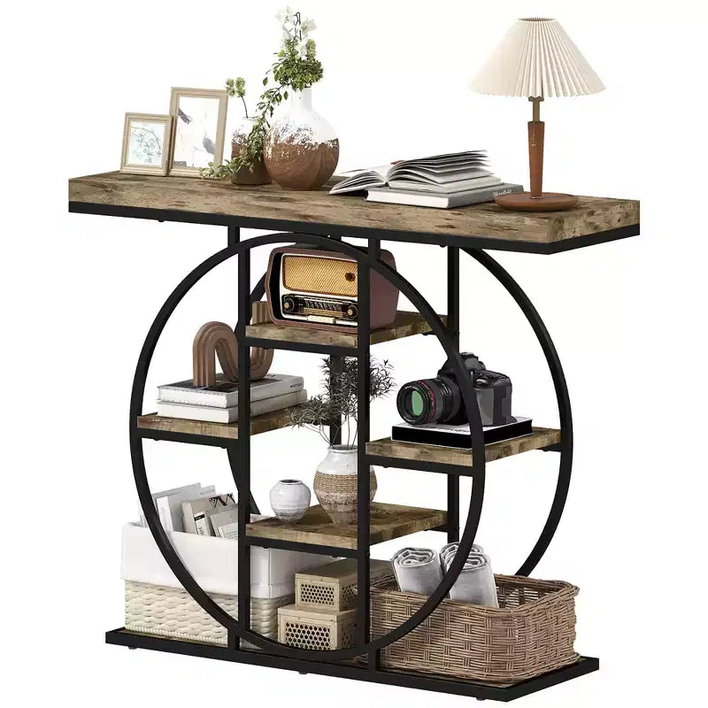Consola Industrial con 6 Estantes Abiertos Estructura Circular de Acero Roble Rústico