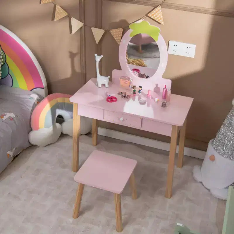 Tocador infantil con espejo ovalado, mesa de tocador de madera y taburete para niñas