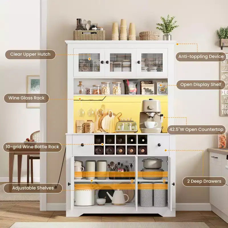 Mueble de despensa alto de 69 pulgadas con luces LED y estación de carga, armario de almacenamiento grande para despensa de cocina, aparador de cocina, mueble para barra de café con botellero