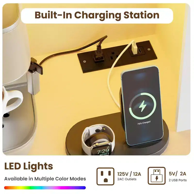 Mueble de despensa alto de 69 pulgadas con luces LED y estación de carga, armario de almacenamiento grande para despensa de cocina, aparador de cocina, mueble para barra de café con botellero