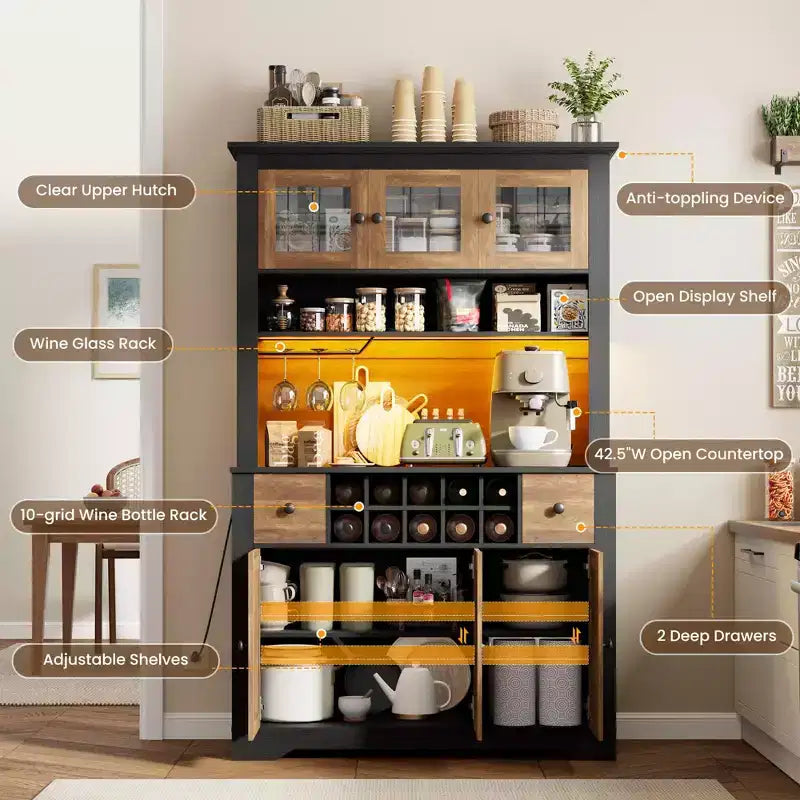 Mueble de despensa alto de 69 pulgadas con luces LED y estación de carga, armario de almacenamiento grande para despensa de cocina, aparador de cocina, mueble para barra de café con botellero