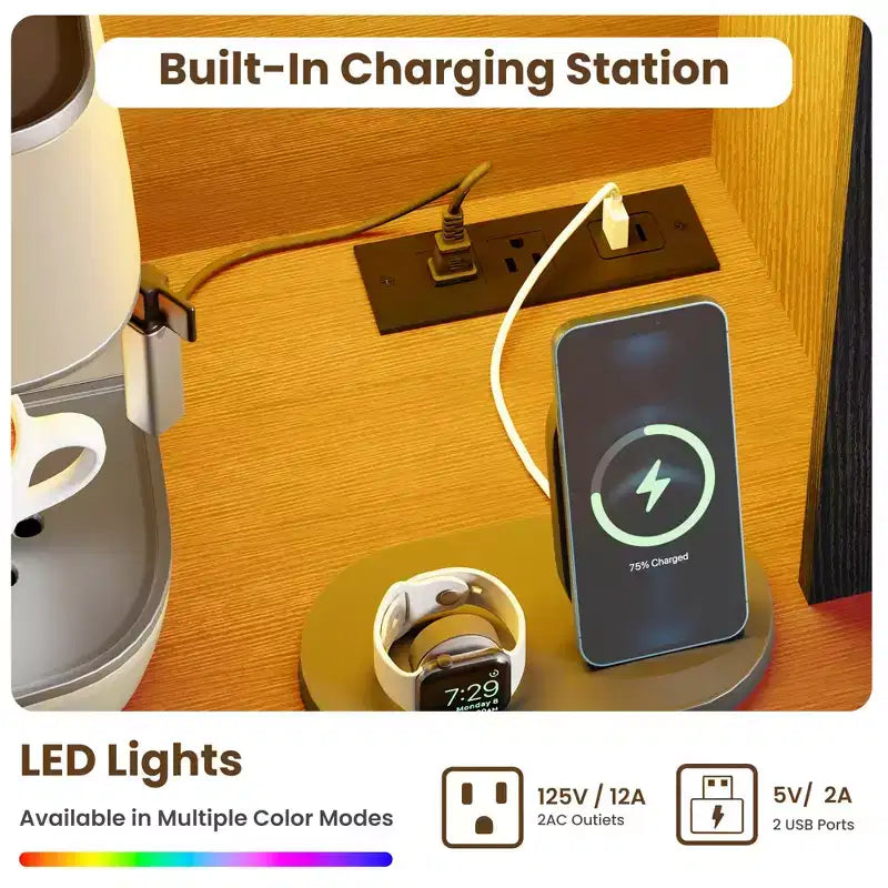 Mueble de despensa alto de 69 pulgadas con luces LED y estación de carga, armario de almacenamiento grande para despensa de cocina, aparador de cocina, mueble para barra de café con botellero