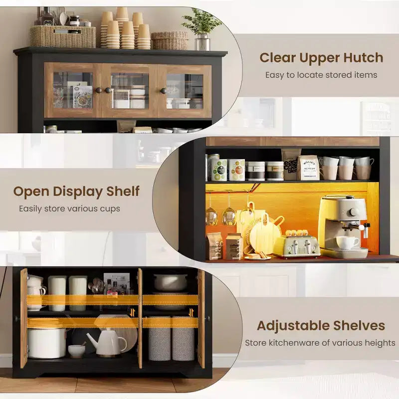 Mueble de despensa alto de 69 pulgadas con luces LED y estación de carga, armario de almacenamiento grande para despensa de cocina, aparador de cocina, mueble para barra de café con botellero
