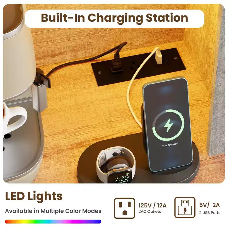 Mueble de despensa alto de 69 pulgadas con luces LED y estación de carga, armario de almacenamiento grande para despensa de cocina, aparador de cocina, mueble para barra de café con botellero